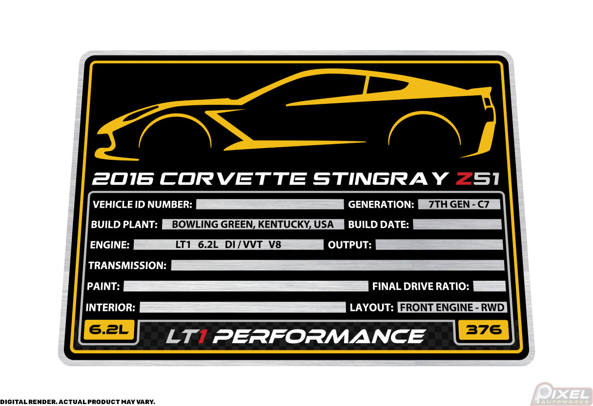 2016 CHEVROLET CORVETTE STINGRAY Z51 Engine Bay Build Plaque